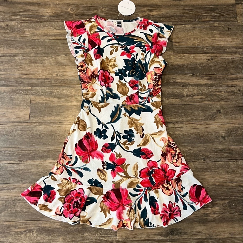 NWT SHEIN Ruffle Short Sleeves Floral Ruffled Hem A Line Dress Summer Casual S - Picture 5 of 8